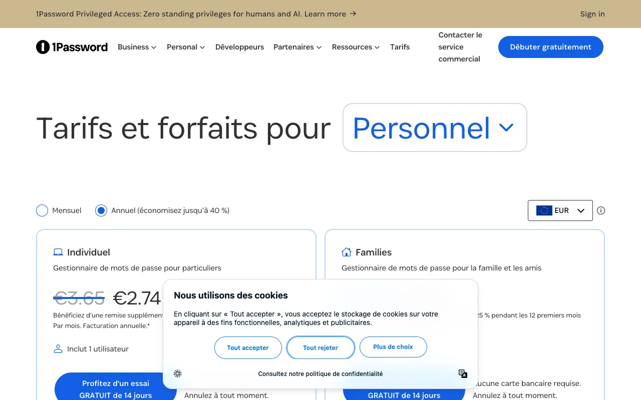 Page de l’offre sur le site de 1Password