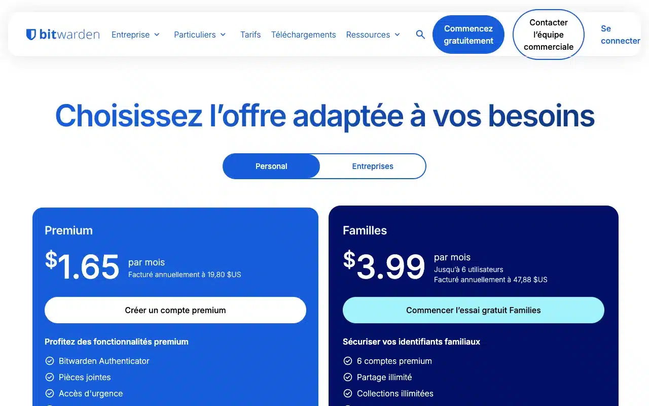 Page de l’offre sur le site de Bitwarden