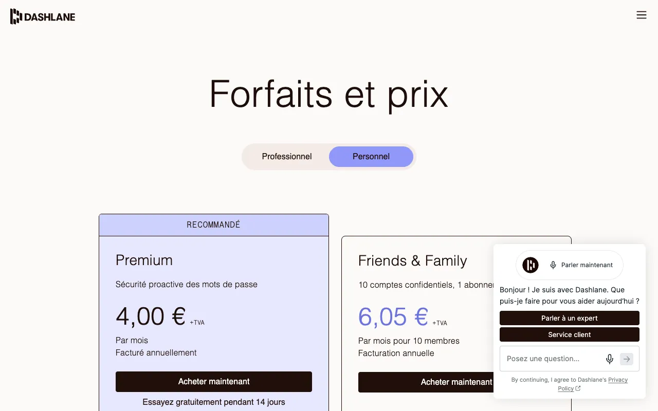Page de l’offre sur le site de Dashlane