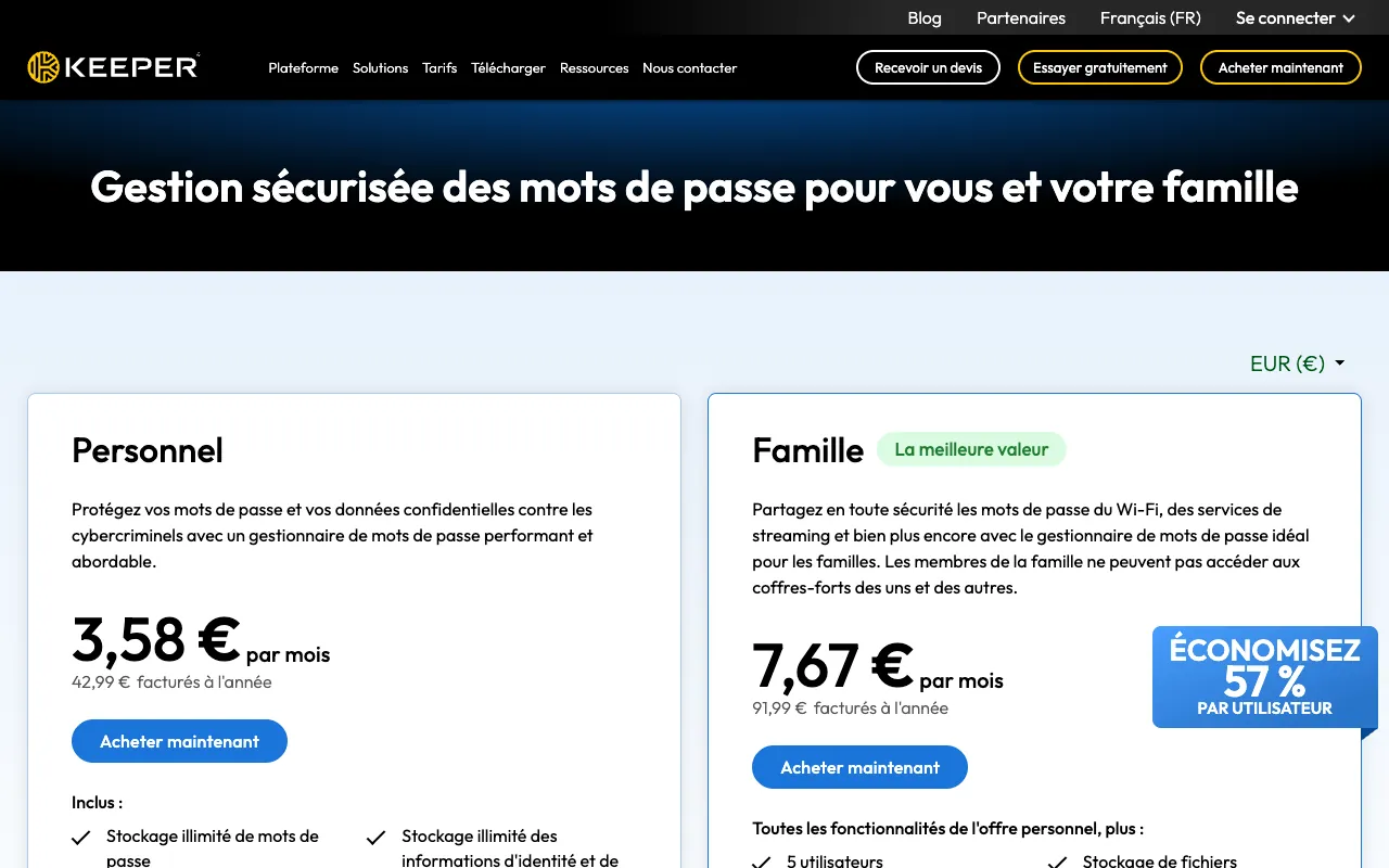 Page de l’offre sur le site de Keeper