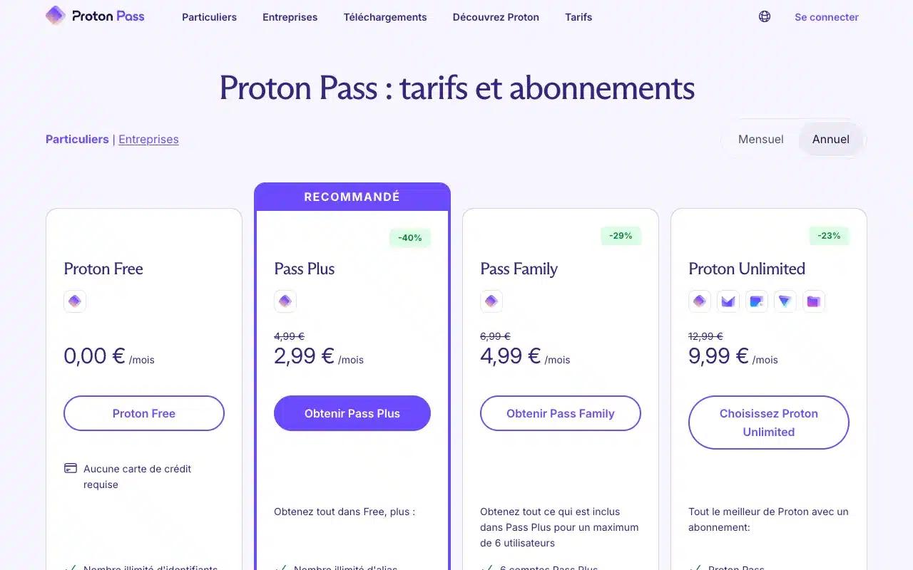 Page de l’offre sur le site de Proton Pass